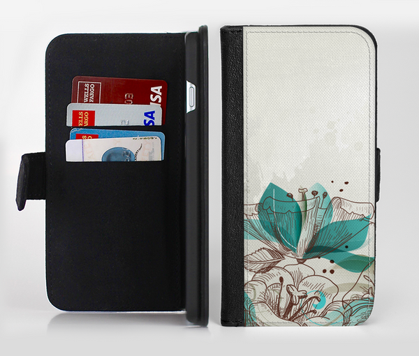 The Vintage Teal and Tan Abstract Floral Design Ink-Fuzed Leather Folding Wallet Credit-Card Case for the Apple iPhone 6/6s, 6/6s Plus, 5/5s and 5c