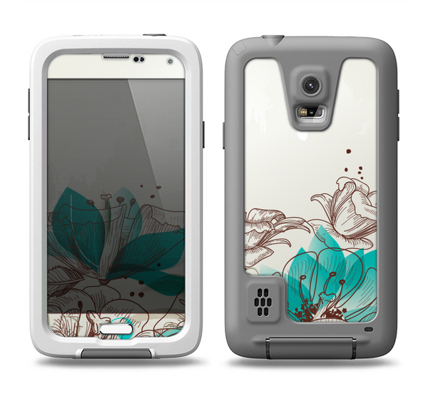 The Vintage Teal and Tan Abstract Floral Design Samsung Galaxy S5 LifeProof Fre Case Skin Set