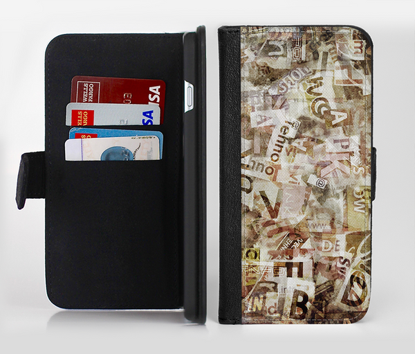 The Vintage Torn Newspaper Collage Ink-Fuzed Leather Folding Wallet Credit-Card Case for the Apple iPhone 6/6s, 6/6s Plus, 5/5s and 5c