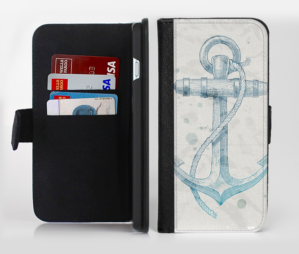 The Vintage White and Blue Anchor Illustration Ink-Fuzed Leather Folding Wallet Credit-Card Case for the Apple iPhone 6/6s, 6/6s Plus, 5/5s and 5c
