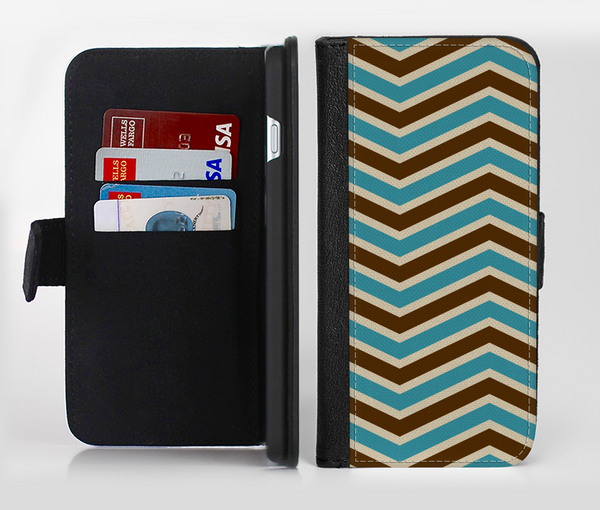 The Vintage Wide Chevron Pattern Brown & Blue Ink-Fuzed Leather Folding Wallet Credit-Card Case for the Apple iPhone 6/6s, 6/6s Plus, 5/5s and 5c