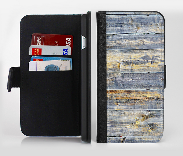 The Vintage Wooden Planks with Yellow Paint Ink-Fuzed Leather Folding Wallet Credit-Card Case for the Apple iPhone 6/6s, 6/6s Plus, 5/5s and 5c