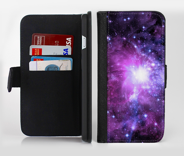 The Violet Glowing Nebula Ink-Fuzed Leather Folding Wallet Credit-Card Case for the Apple iPhone 6/6s, 6/6s Plus, 5/5s and 5c