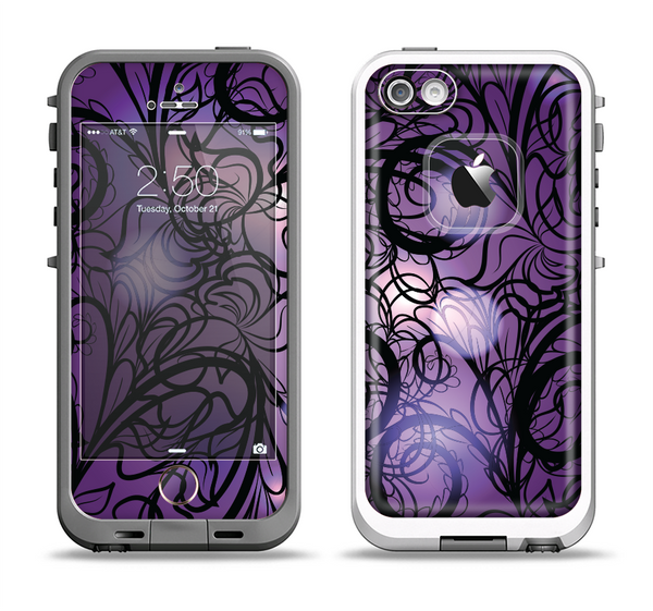 The Violet with Black Highlighted Spirals Apple iPhone 5-5s LifeProof Fre Case Skin Set