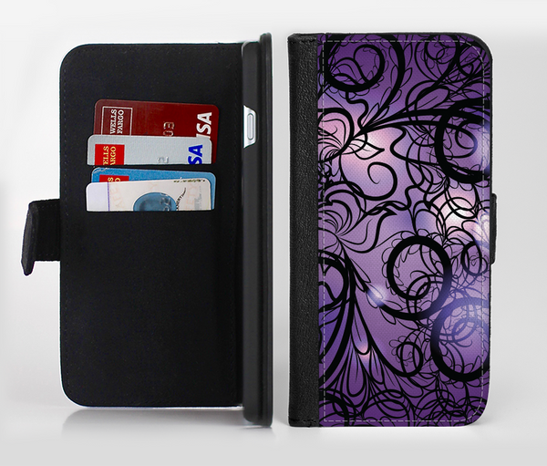 The Violet with Black Highlighted Spirals Ink-Fuzed Leather Folding Wallet Credit-Card Case for the Apple iPhone 6/6s, 6/6s Plus, 5/5s and 5c