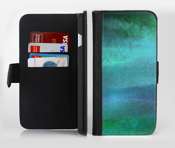 The Vivid Green Watercolor Panel Ink-Fuzed Leather Folding Wallet Credit-Card Case for the Apple iPhone 6/6s, 6/6s Plus, 5/5s and 5c