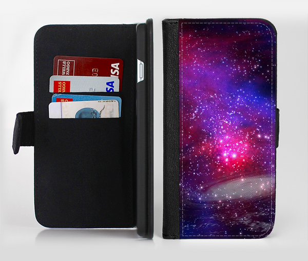 The Vivid Pink Galaxy Lights Ink-Fuzed Leather Folding Wallet Credit-Card Case for the Apple iPhone 6/6s, 6/6s Plus, 5/5s and 5c