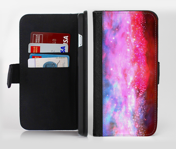 The Vivid Pink and Blue Space Ink-Fuzed Leather Folding Wallet Credit-Card Case for the Apple iPhone 6/6s, 6/6s Plus, 5/5s and 5c