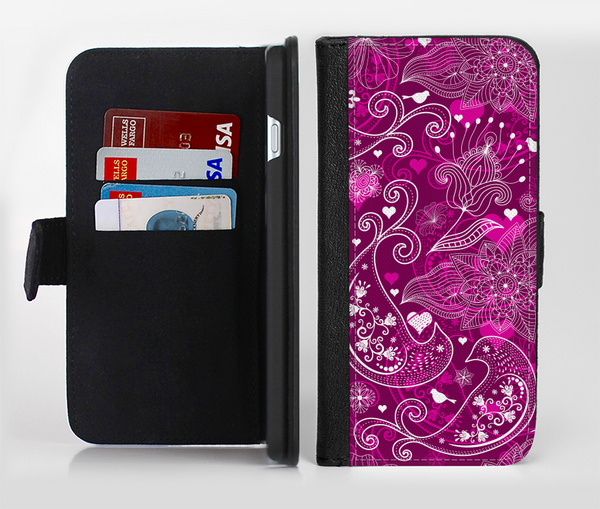 The Vivid Pink and White Paisley Birds Ink-Fuzed Leather Folding Wallet Credit-Card Case for the Apple iPhone 6/6s, 6/6s Plus, 5/5s and 5c