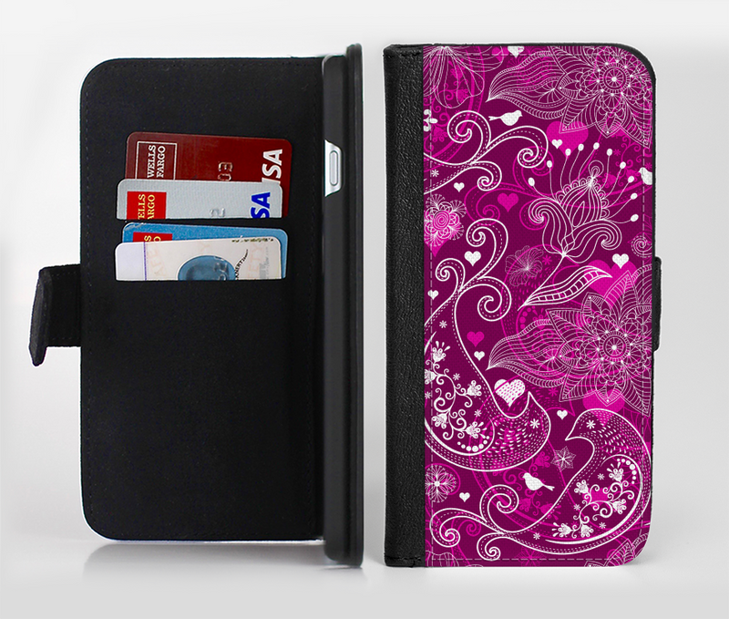 The Vivid Pink and White Paisley Birds Ink-Fuzed Leather Folding Wallet Credit-Card Case for the Apple iPhone 6/6s, 6/6s Plus, 5/5s and 5c