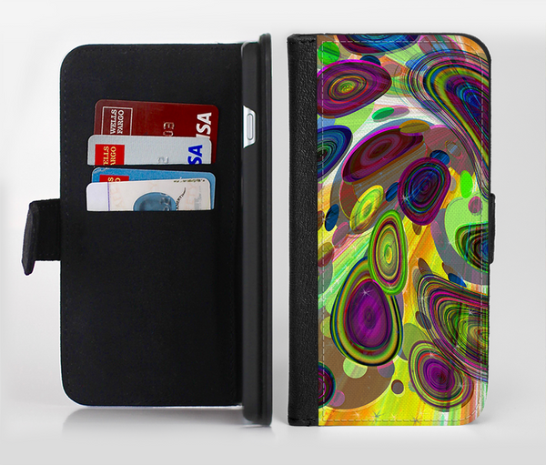 The Warped Colorful Layer-Circles Ink-Fuzed Leather Folding Wallet Credit-Card Case for the Apple iPhone 6/6s, 6/6s Plus, 5/5s and 5c