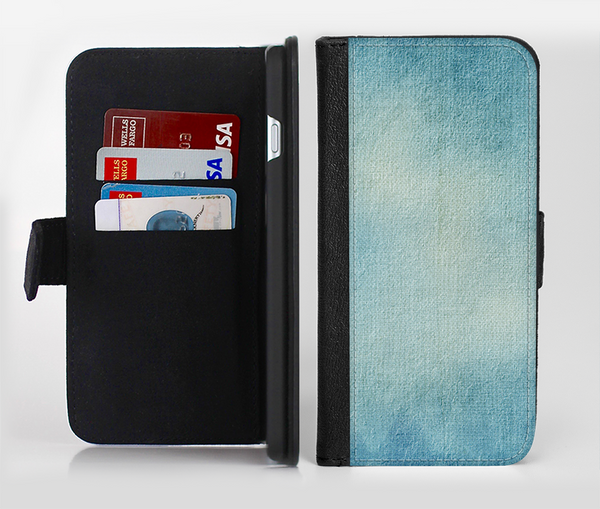 The WaterColor Blue Texture Panel Ink-Fuzed Leather Folding Wallet Credit-Card Case for the Apple iPhone 6/6s, 6/6s Plus, 5/5s and 5c