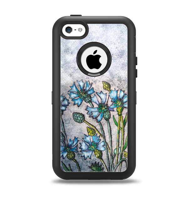 The Watercolor Blue Vintage Flowers Apple iPhone 5c Otterbox Defender Case Skin Set