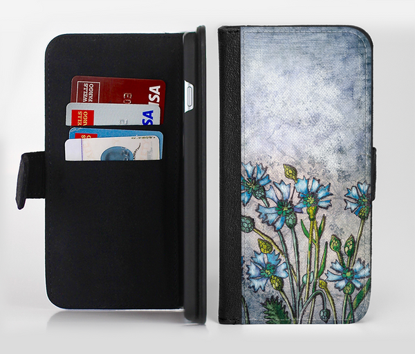 The Watercolor Blue Vintage Flowers Ink-Fuzed Leather Folding Wallet Credit-Card Case for the Apple iPhone 6/6s, 6/6s Plus, 5/5s and 5c