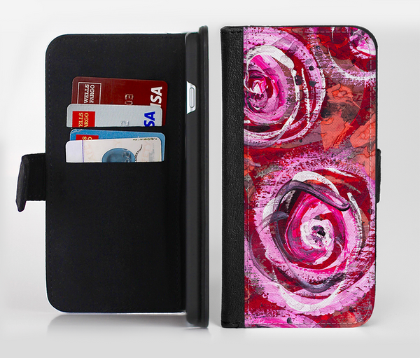 The Watercolor Bright Pink Floral Ink-Fuzed Leather Folding Wallet Credit-Card Case for the Apple iPhone 6/6s, 6/6s Plus, 5/5s and 5c
