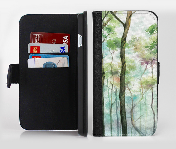 The Watercolor Glowing Sky Forrest Ink-Fuzed Leather Folding Wallet Credit-Card Case for the Apple iPhone 6/6s, 6/6s Plus, 5/5s and 5c