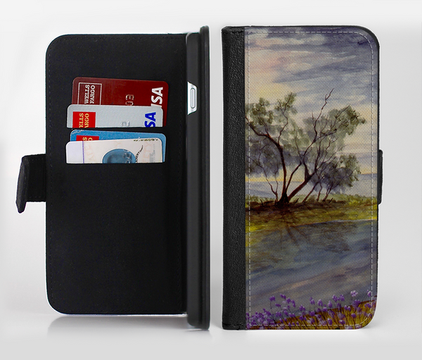 The Watercolor River Scenery Ink-Fuzed Leather Folding Wallet Credit-Card Case for the Apple iPhone 6/6s, 6/6s Plus, 5/5s and 5c