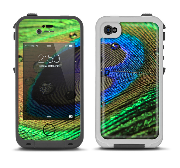 The Watered Neon Peacock Feather Apple iPhone 4-4s LifeProof Fre Case Skin Set