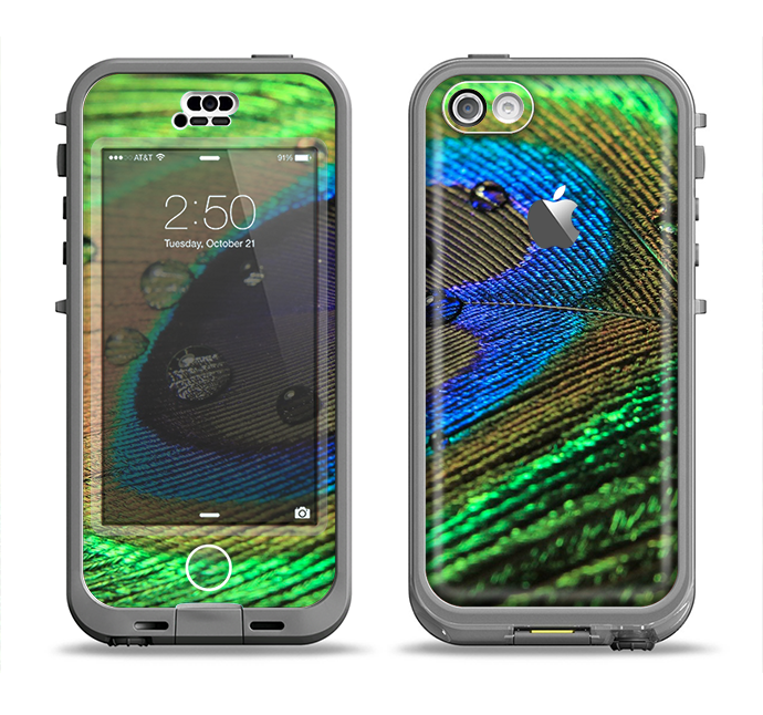 The Watered Neon Peacock Feather Apple iPhone 5c LifeProof Nuud Case Skin Set
