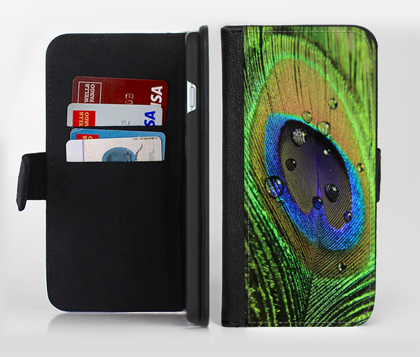 The Watered Neon Peacock Feather Ink-Fuzed Leather Folding Wallet Credit-Card Case for the Apple iPhone 6/6s, 6/6s Plus, 5/5s and 5c
