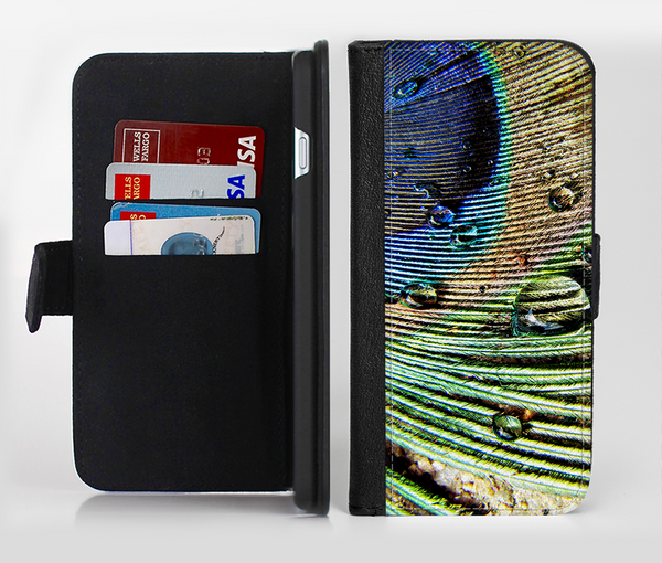 The Watered Peacock Detail Ink-Fuzed Leather Folding Wallet Credit-Card Case for the Apple iPhone 6/6s, 6/6s Plus, 5/5s and 5c
