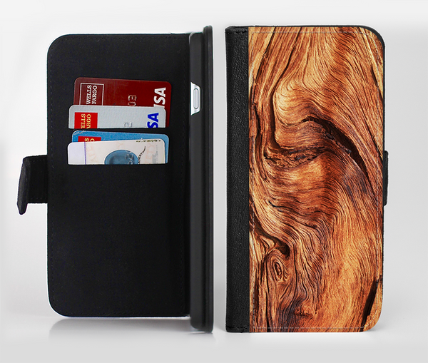 The Wavy Bright Wood Knot Ink-Fuzed Leather Folding Wallet Credit-Card Case for the Apple iPhone 6/6s, 6/6s Plus, 5/5s and 5c
