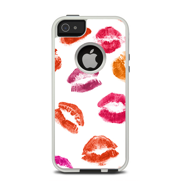The White with Colored Pucker Lip Prints Apple iPhone 5-5s Otterbox Commuter Case Skin Set