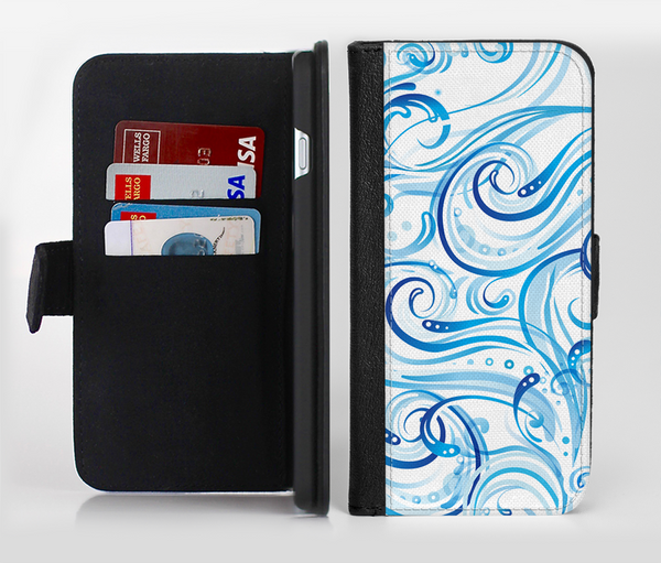 The Wild Blue Swirly Vector Water Pattern Ink-Fuzed Leather Folding Wallet Credit-Card Case for the Apple iPhone 6/6s, 6/6s Plus, 5/5s and 5c