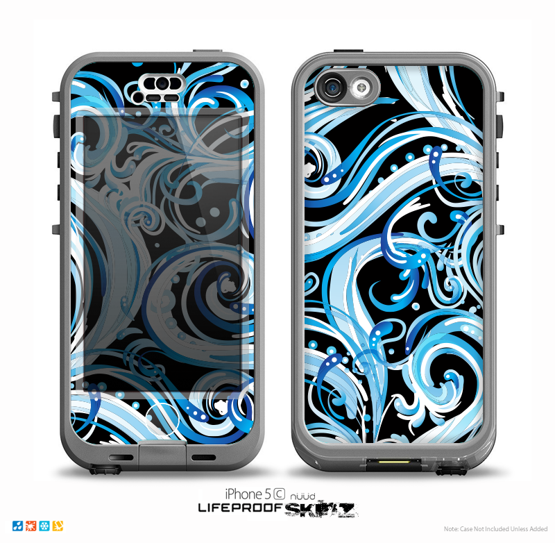 The Wild Blue Swirly Vector Water Pattern on Black Skin for the iPhone 5c nüüd LifeProof Case