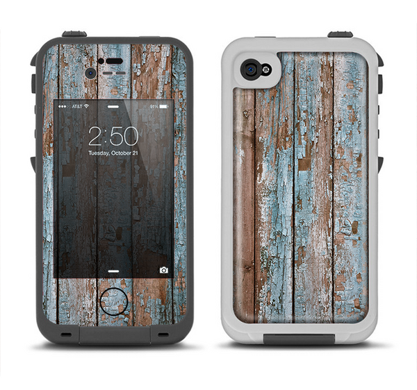 The Wood Planks with Peeled Blue Paint Apple iPhone 4-4s LifeProof Fre Case Skin Set