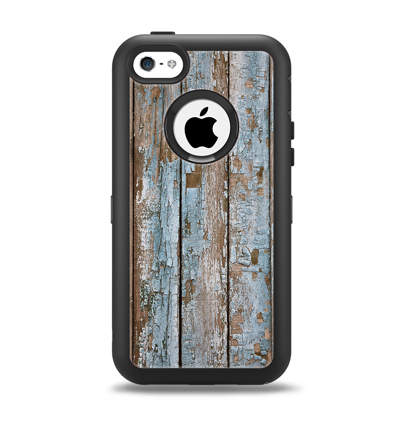 The Wood Planks with Peeled Blue Paint Apple iPhone 5c Otterbox Defender Case Skin Set
