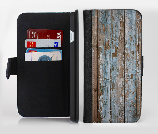 The Wood Planks with Peeled Blue Paint Ink-Fuzed Leather Folding Wallet Credit-Card Case for the Apple iPhone 6/6s, 6/6s Plus, 5/5s and 5c