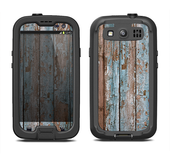 The Wood Planks with Peeled Blue Paint Samsung Galaxy S4 LifeProof Nuud Case Skin Set