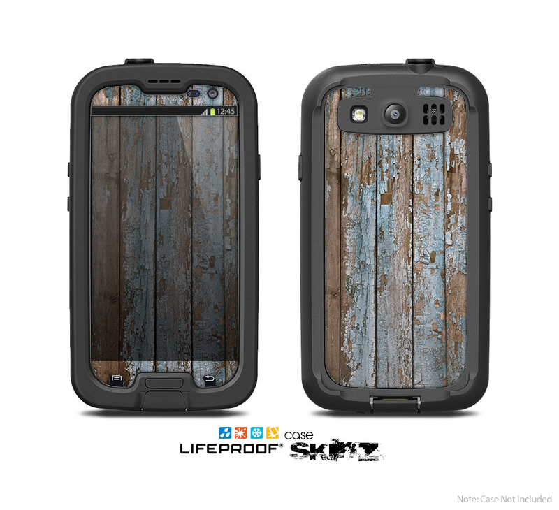 The Wood Planks with Peeled Blue Paint Skin For The Samsung Galaxy S3 LifeProof Case