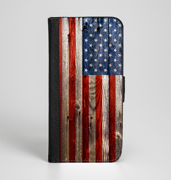 The Wooden Grungy American Flag Ink-Fuzed Leather Folding Wallet Case for the iPhone 6/6s, 6/6s Plus, 5/5s and 5c