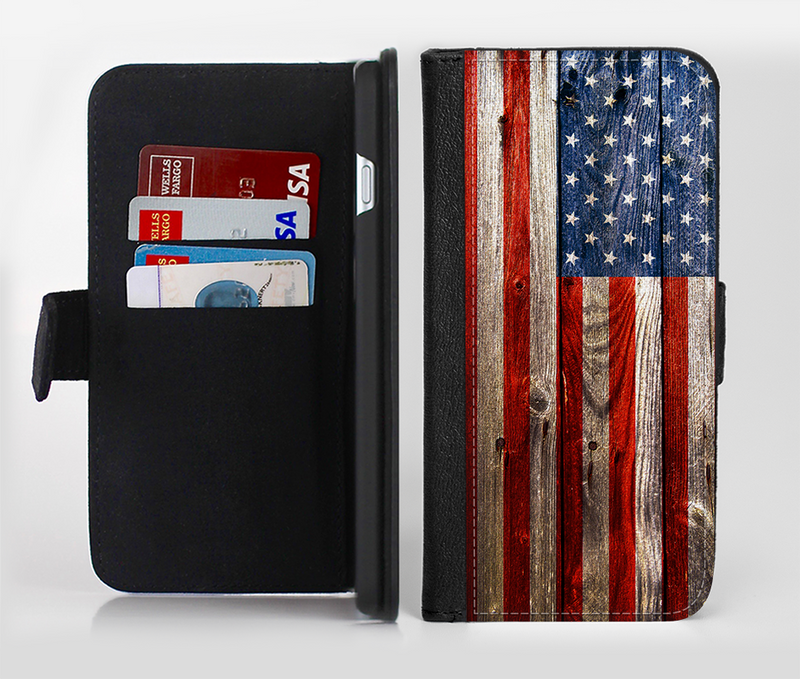 The Wooden Grungy American Flag Ink-Fuzed Leather Folding Wallet Credit-Card Case for the Apple iPhone 6/6s, 6/6s Plus, 5/5s and 5c