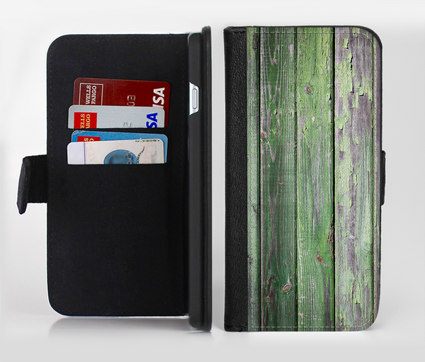 The Wooden Planks with Chipped Green Paint Ink-Fuzed Leather Folding Wallet Credit-Card Case for the Apple iPhone 6/6s, 6/6s Plus, 5/5s and 5c