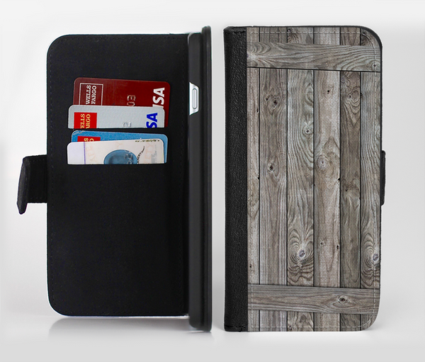 The Wooden Wall-Panel Ink-Fuzed Leather Folding Wallet Credit-Card Case for the Apple iPhone 6/6s, 6/6s Plus, 5/5s and 5c