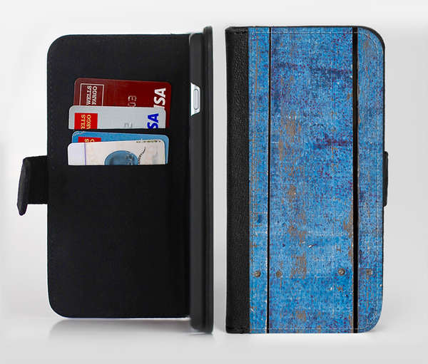 The Worn Blue Paint on Wooden Planks Ink-Fuzed Leather Folding Wallet Credit-Card Case for the Apple iPhone 6/6s, 6/6s Plus, 5/5s and 5c