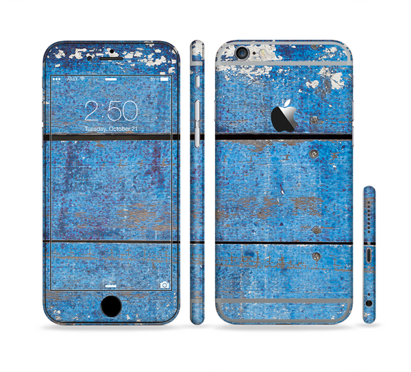 The Worn Blue Paint on Wooden Planks Sectioned Skin Series for the Apple iPhone 6 Plus