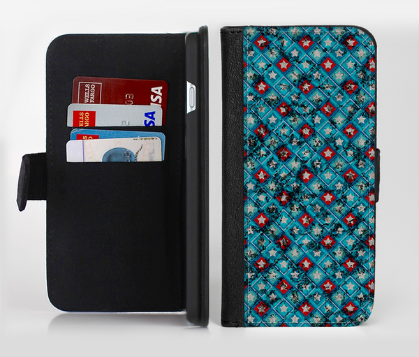 The Worn Dark Blue Checkered Starry Pattern Ink-Fuzed Leather Folding Wallet Credit-Card Case for the Apple iPhone 6/6s, 6/6s Plus, 5/5s and 5c