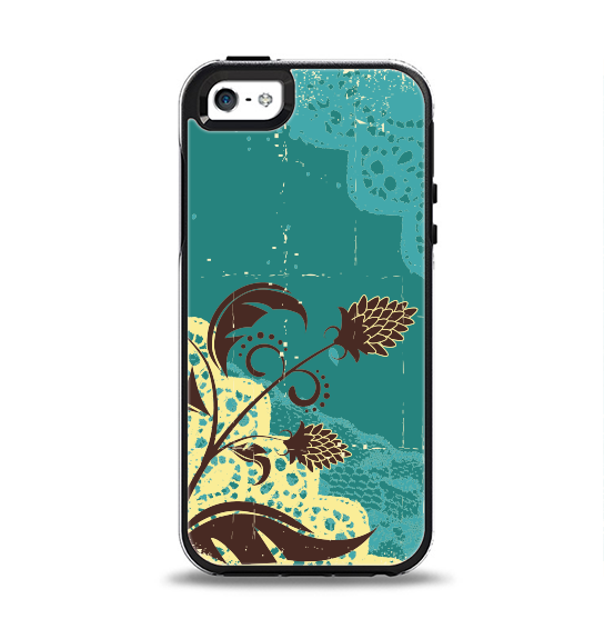 The Yellow Lace and Flower on Teal Apple iPhone 5-5s Otterbox Symmetry Case Skin Set
