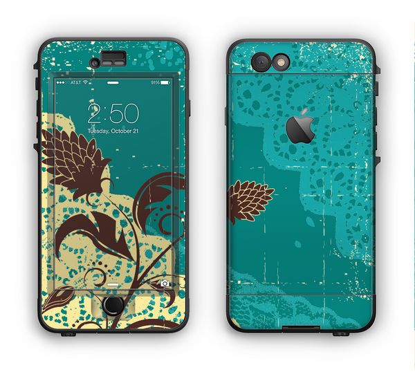 The Yellow Lace and Flower on Teal Apple iPhone 6 LifeProof Nuud Case Skin Set