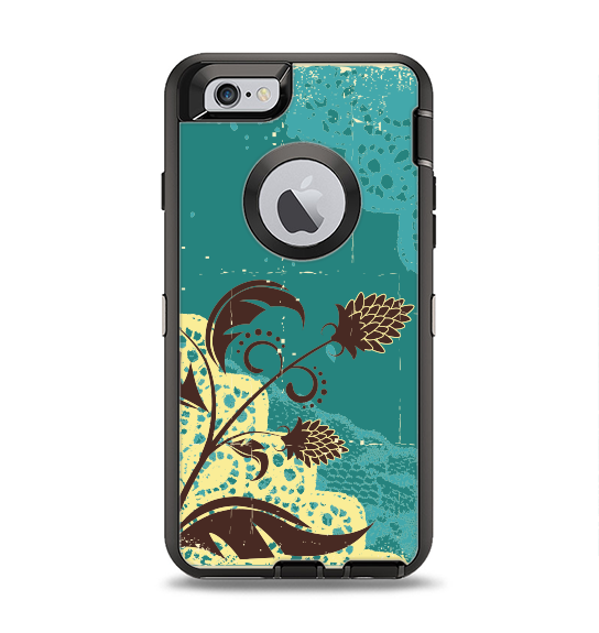 The Yellow Lace and Flower on Teal Apple iPhone 6 Otterbox Defender Case Skin Set