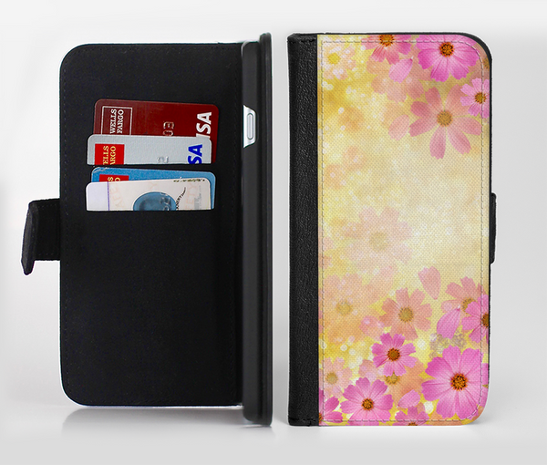 The Yellow & Pink Flowerland Ink-Fuzed Leather Folding Wallet Credit-Card Case for the Apple iPhone 6/6s, 6/6s Plus, 5/5s and 5c