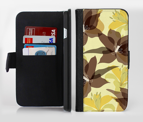 The Yellow and Brown Pastel Flowers Ink-Fuzed Leather Folding Wallet Credit-Card Case for the Apple iPhone 6/6s, 6/6s Plus, 5/5s and 5c