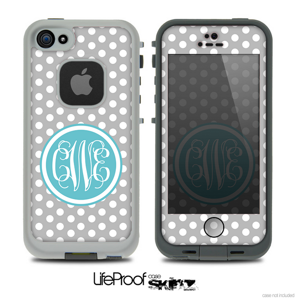 The Teal and Gray Custom Monogram Polka Dot Skin for the iPhone 5 or 4/4s LifeProof Case