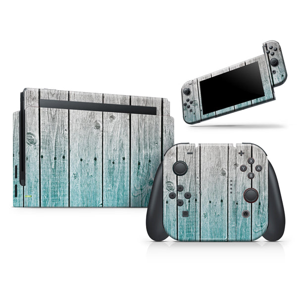 Trendy Teal to White Aged Wood Planks // Skin Decal Wrap Kit for Nintendo Switch Console & Dock, Joy-Cons, Pro Controller, Lite, 3DS XL, 2DS XL, DSi, or Wii