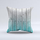 Trendy Teal to White Aged Wood Planks Ink-Fuzed Decorative Throw Pillow