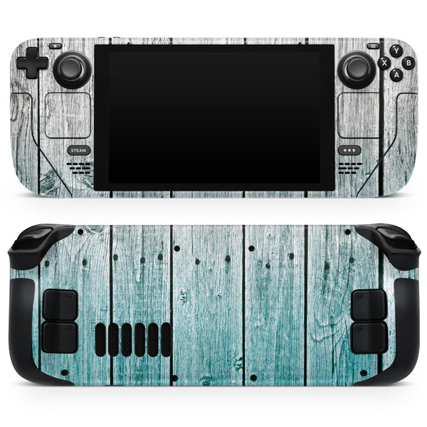 Trendy Teal to White Aged Wood Planks // Full Body Skin Decal Wrap Kit for the Steam Deck handheld gaming computer